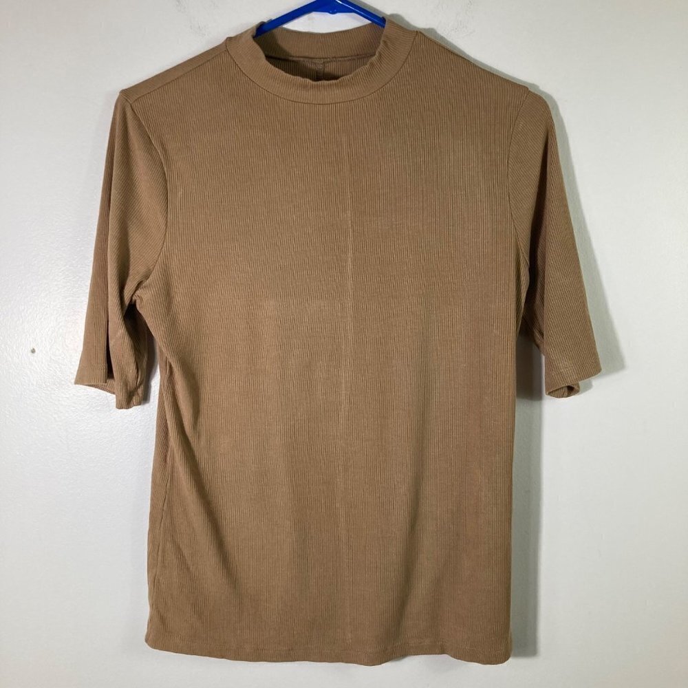 Womens A New Day Short Sleeve Ribbed Top Lt Brown M soft slinky